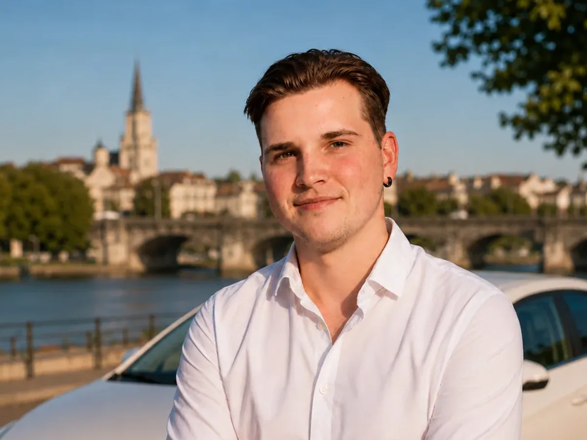 Mathis Foort, chauffeur VTC à Mâcon, devant sa berline électrique