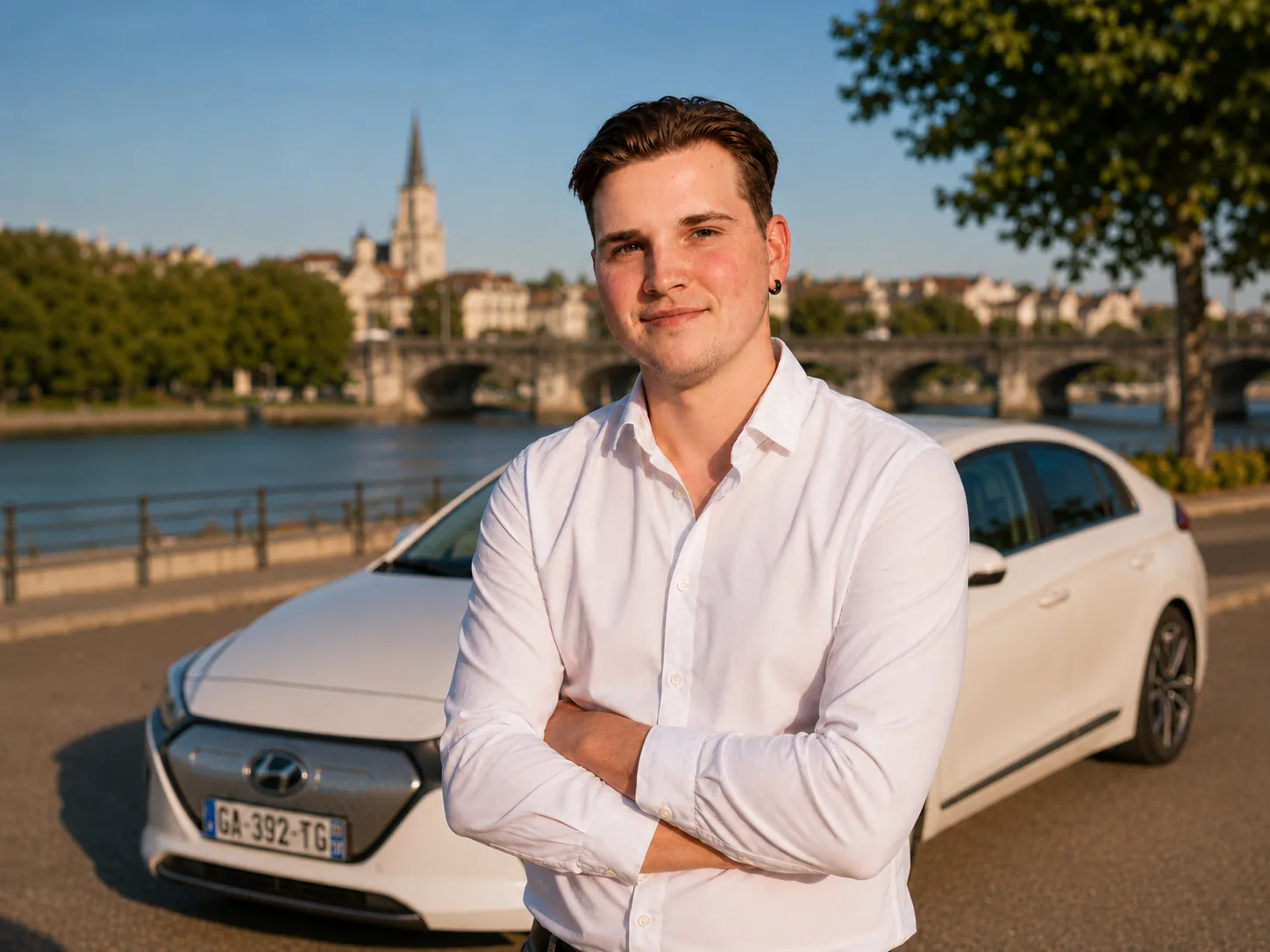 Mathis, votre chauffeur privé VTC à Mâcon, devant son véhicule électrique au bord de la Saône