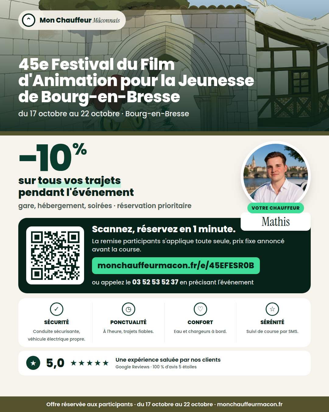 Offre participants 45e Festival du Film d'Animation pour la Jeunesse de Bourg-en-Bresse : −10 % avec Mon Chauffeur Mâconnais