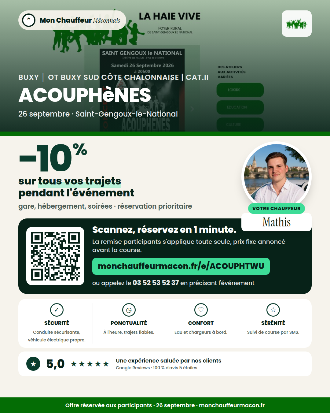 Offre participants ACOUPHèNES : −10 % avec Mon Chauffeur Mâconnais