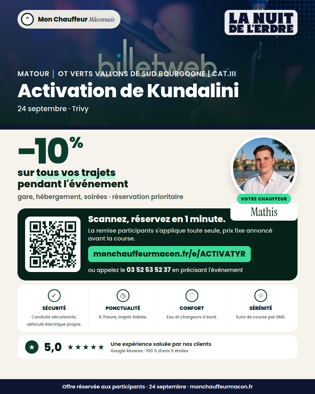 Offre participants Activation de Kundalini : −10 % avec Mon Chauffeur Mâconnais