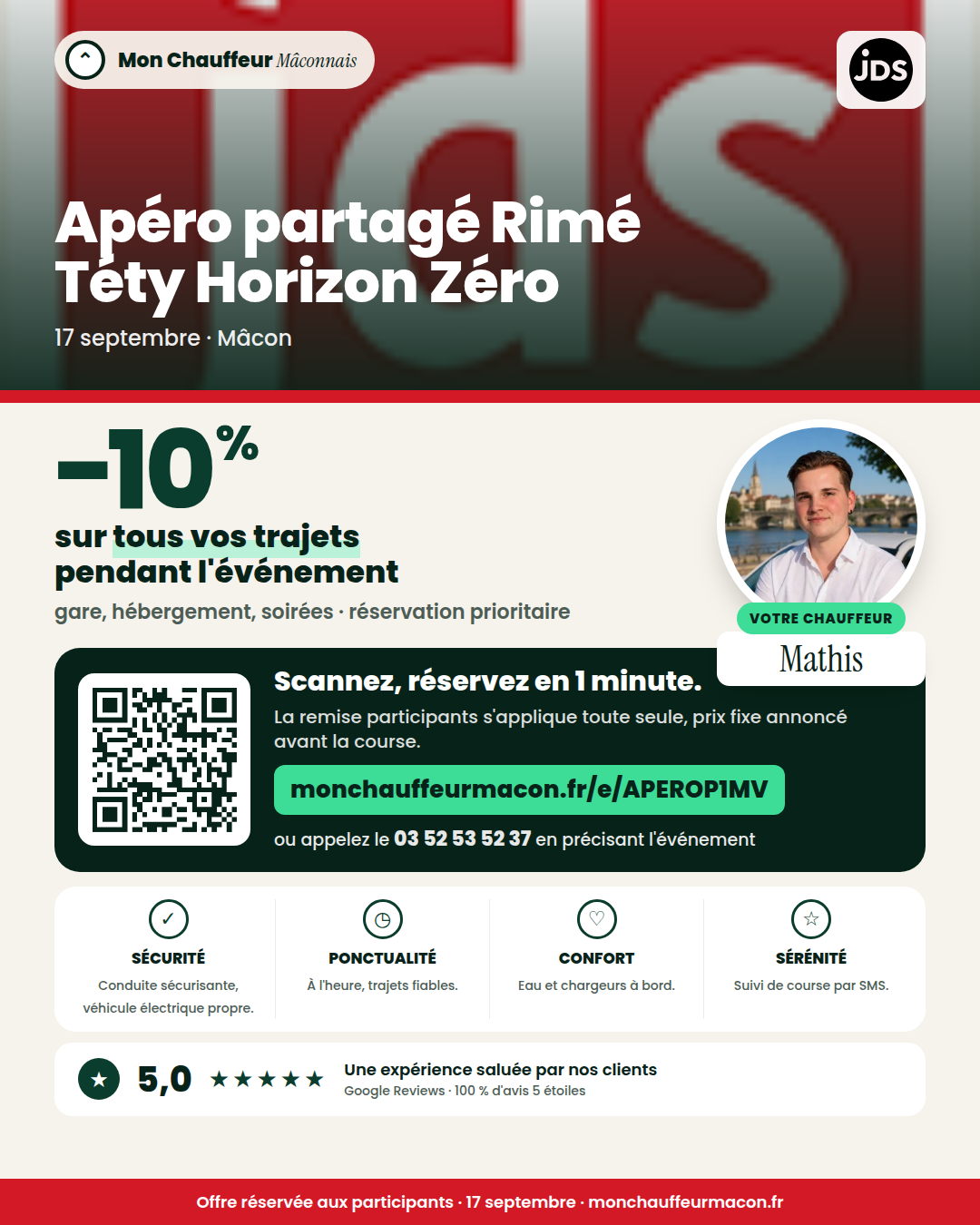 Offre participants Apéro partagé Rimé Téty Horizon Zéro : −10 % avec Mon Chauffeur Mâconnais