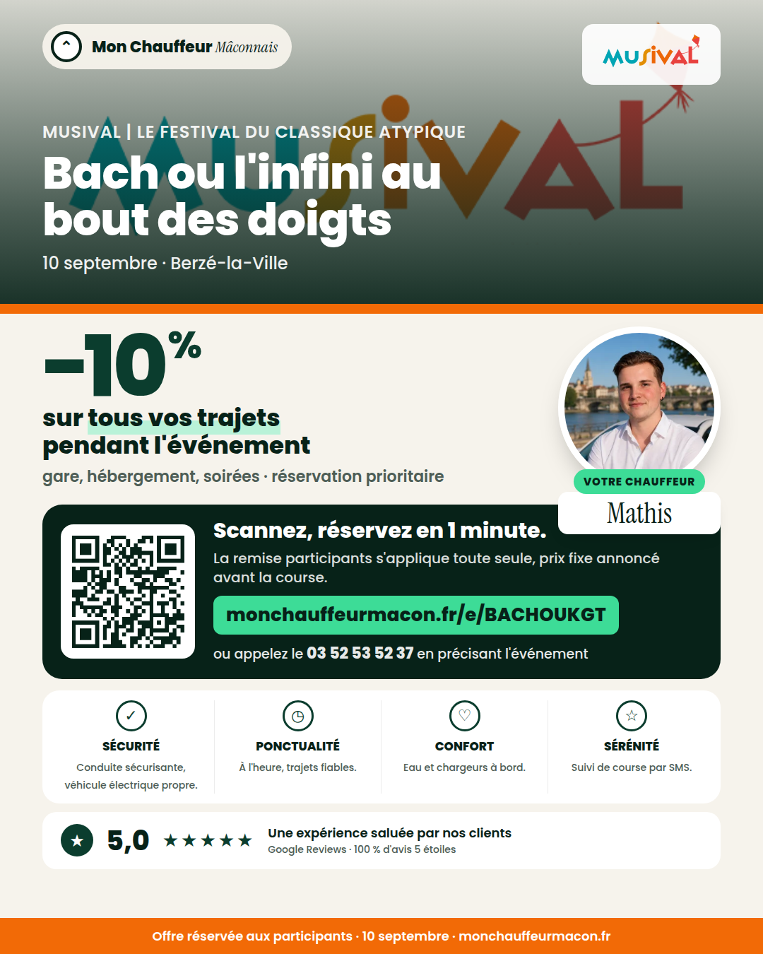 Offre participants Bach ou l'infini au bout des doigts : −10 % avec Mon Chauffeur Mâconnais