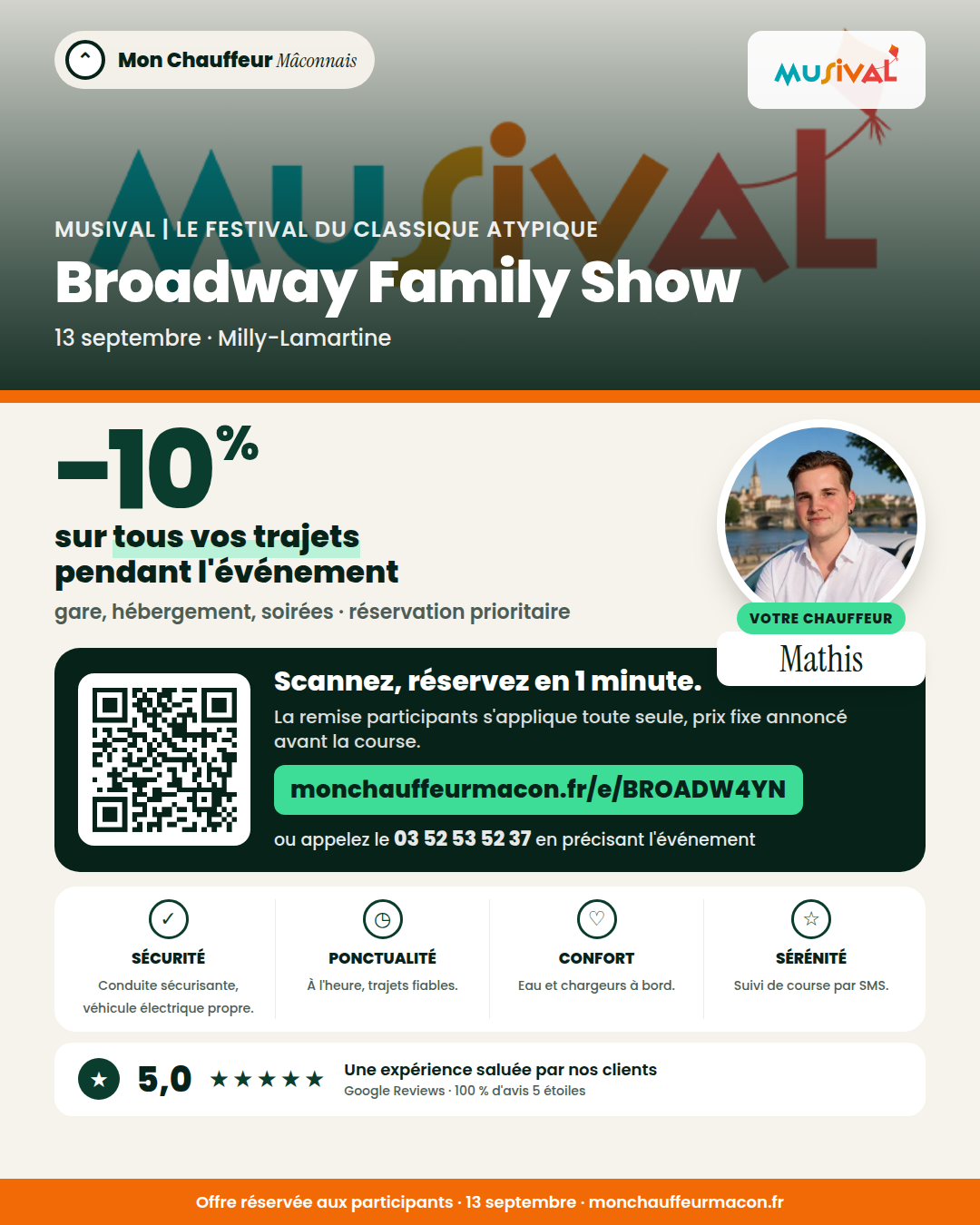 Offre participants Broadway Family Show : −10 % avec Mon Chauffeur Mâconnais