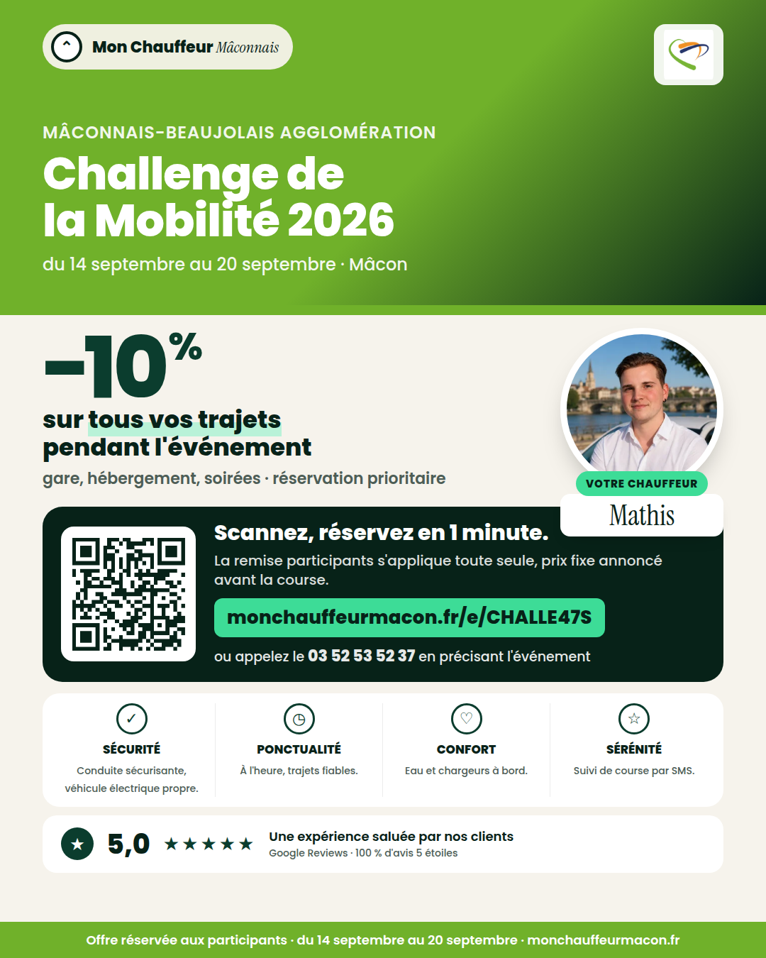 Offre participants Challenge de la Mobilité 2026 : −10 % avec Mon Chauffeur Mâconnais