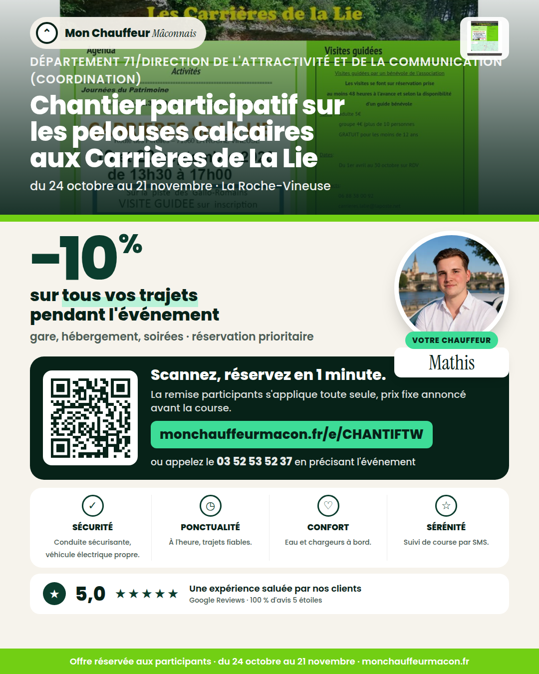 Offre participants Chantier participatif sur les pelouses calcaires aux Carrières de La Lie : −10 % avec Mon Chauffeur Mâconnais