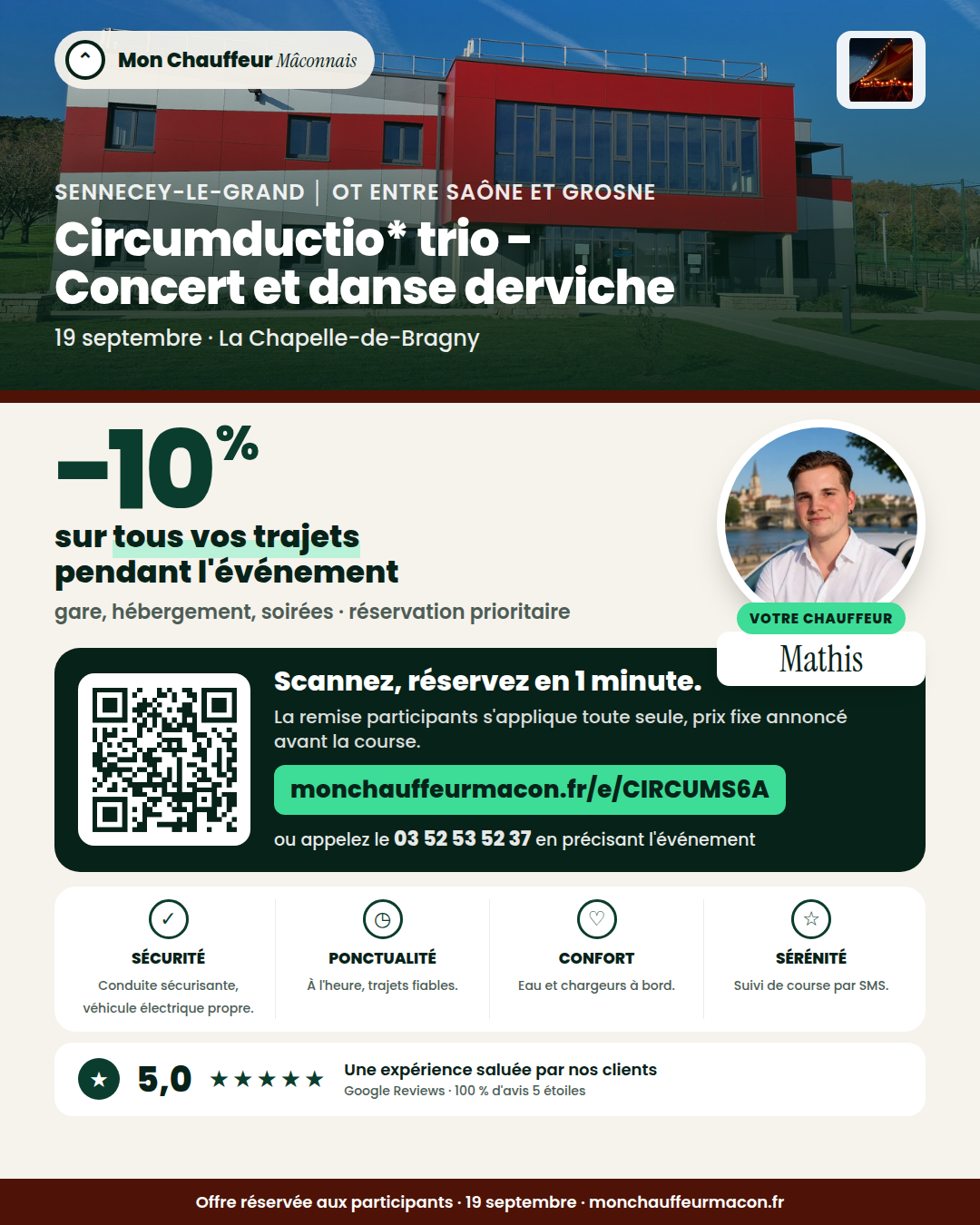 Offre participants Circumductio* trio - Concert et danse derviche : −10 % avec Mon Chauffeur Mâconnais