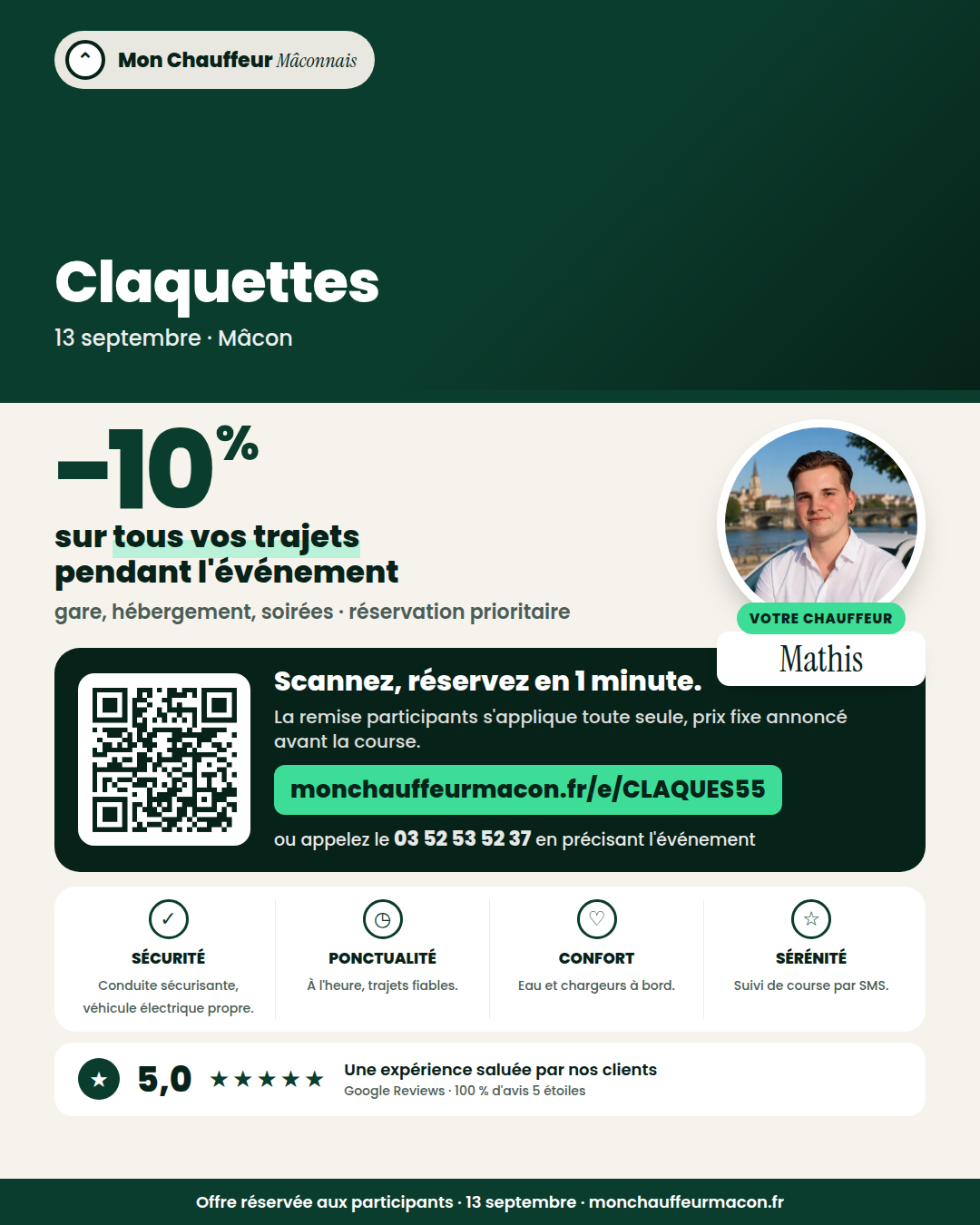 Offre participants Claquettes : −10 % avec Mon Chauffeur Mâconnais