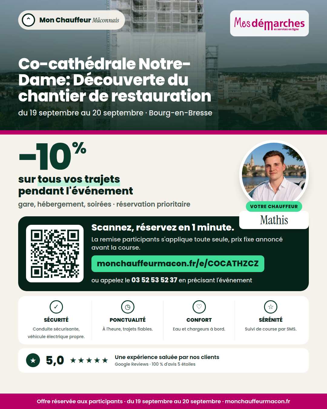 Offre participants Co-cathédrale Notre-Dame: Découverte du chantier de restauration : −10 % avec Mon Chauffeur Mâconnais
