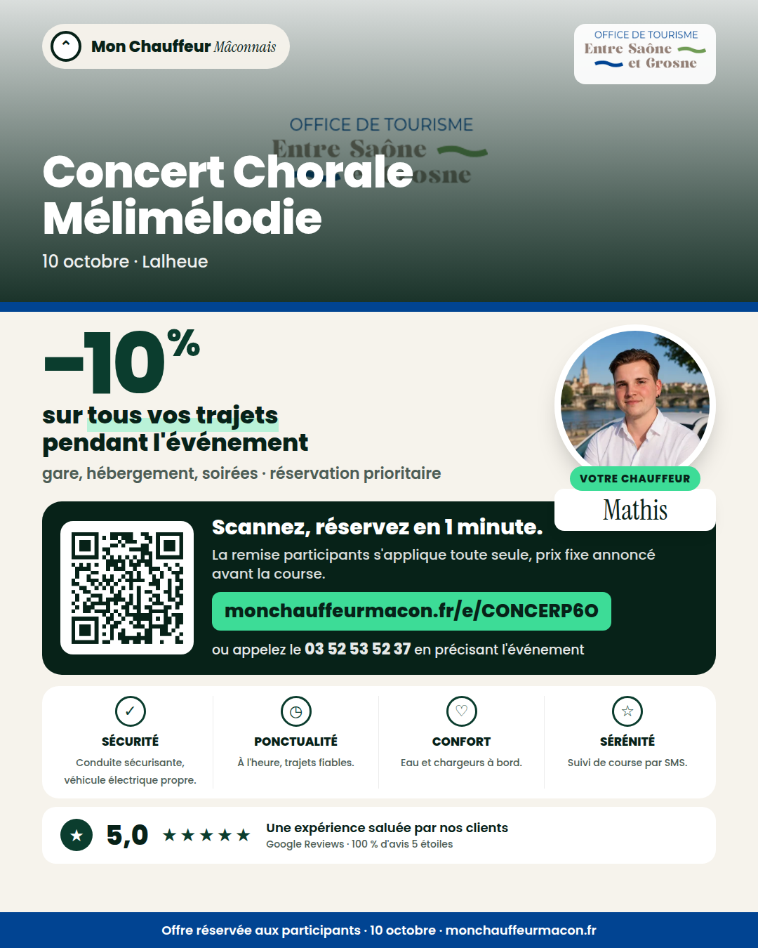 Offre participants Concert Chorale Mélimélodie : −10 % avec Mon Chauffeur Mâconnais