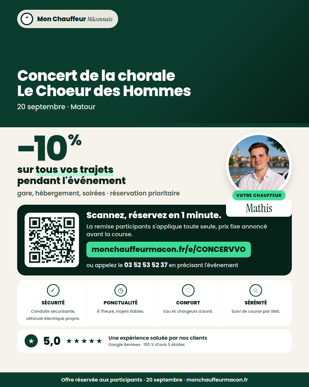 Offre participants Concert de la chorale Le Choeur des Hommes : −10 % avec Mon Chauffeur Mâconnais