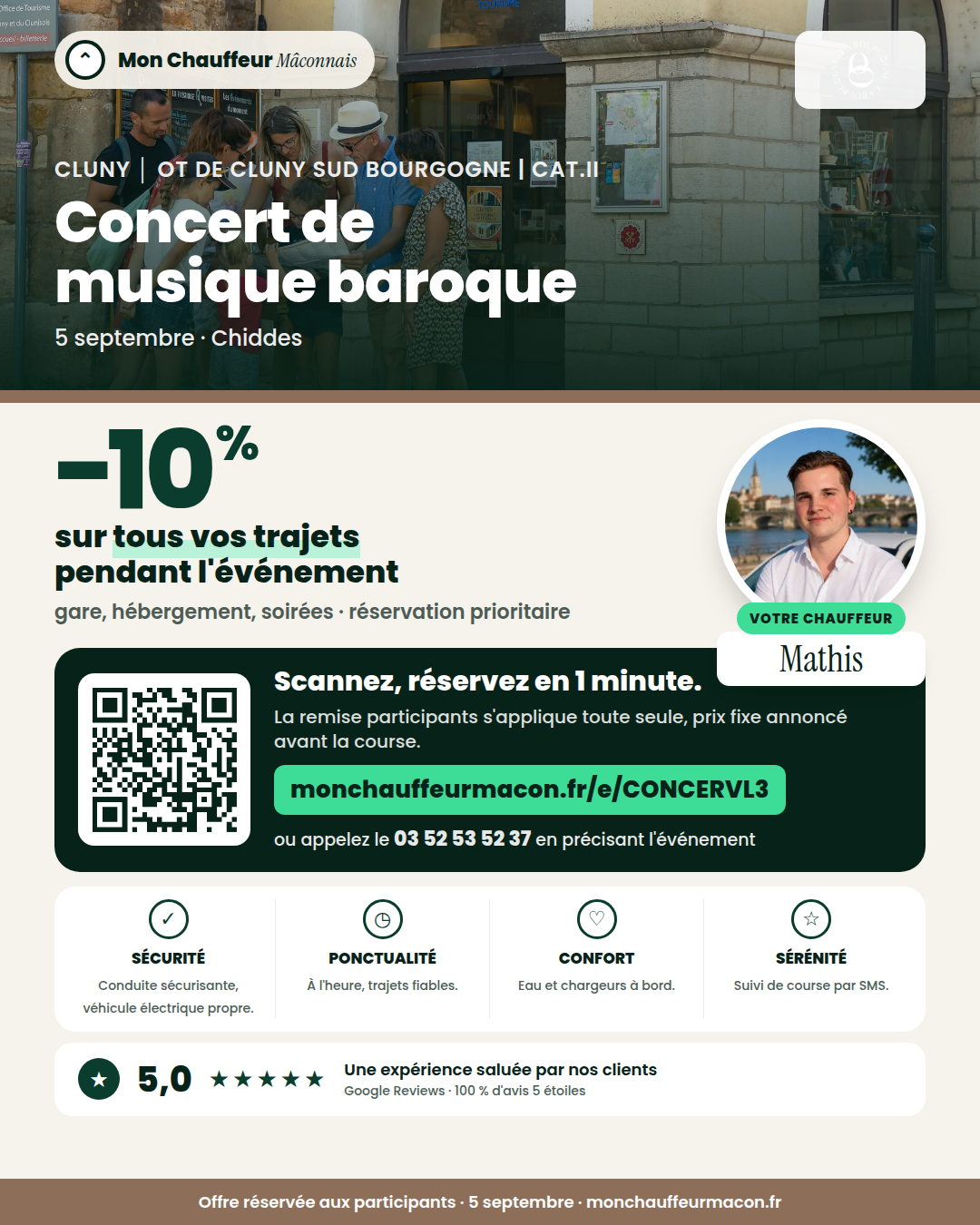 Offre participants Concert de musique baroque : −10 % avec Mon Chauffeur Mâconnais