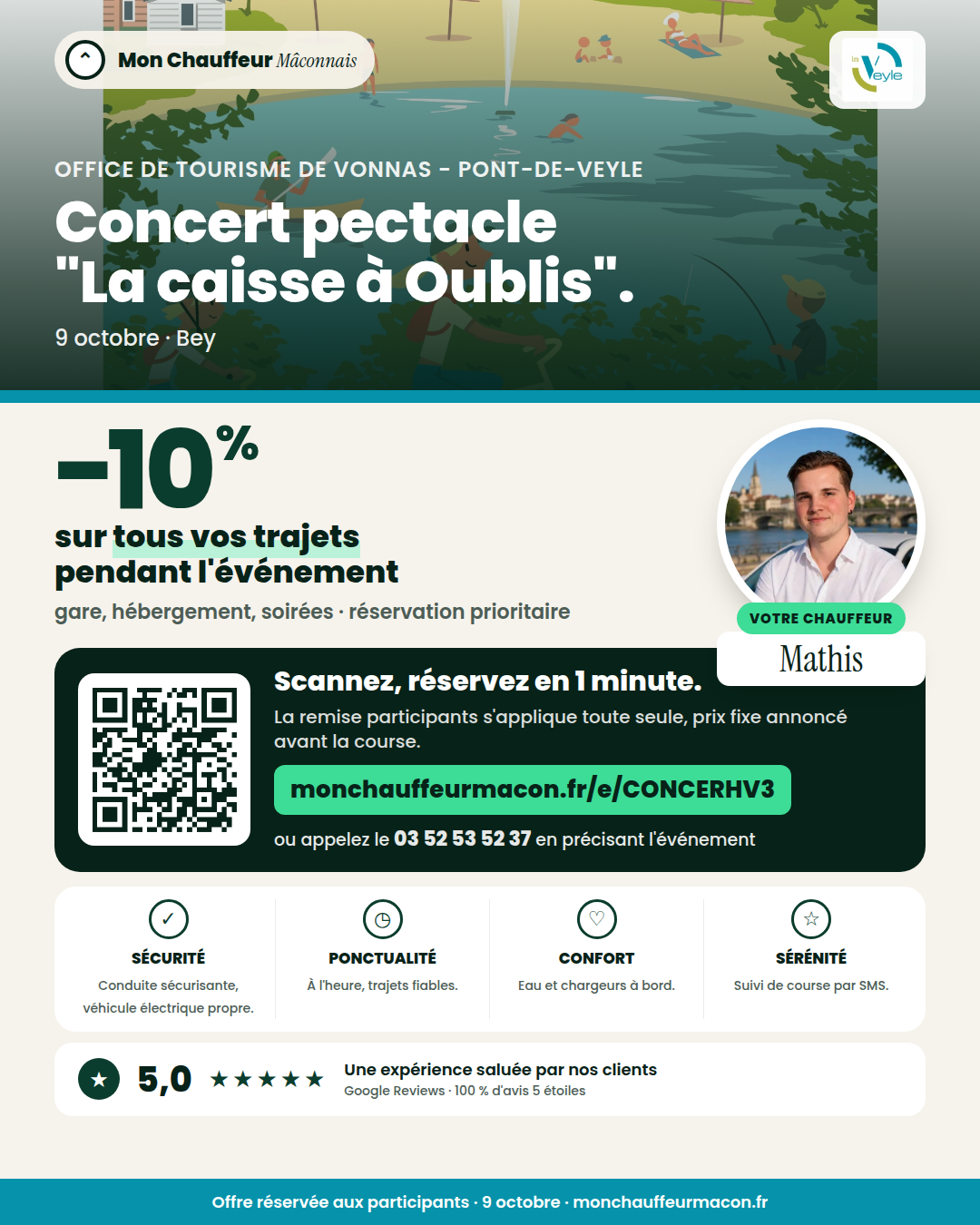 Offre participants Concert pectacle "La caisse à Oublis". : −10 % avec Mon Chauffeur Mâconnais