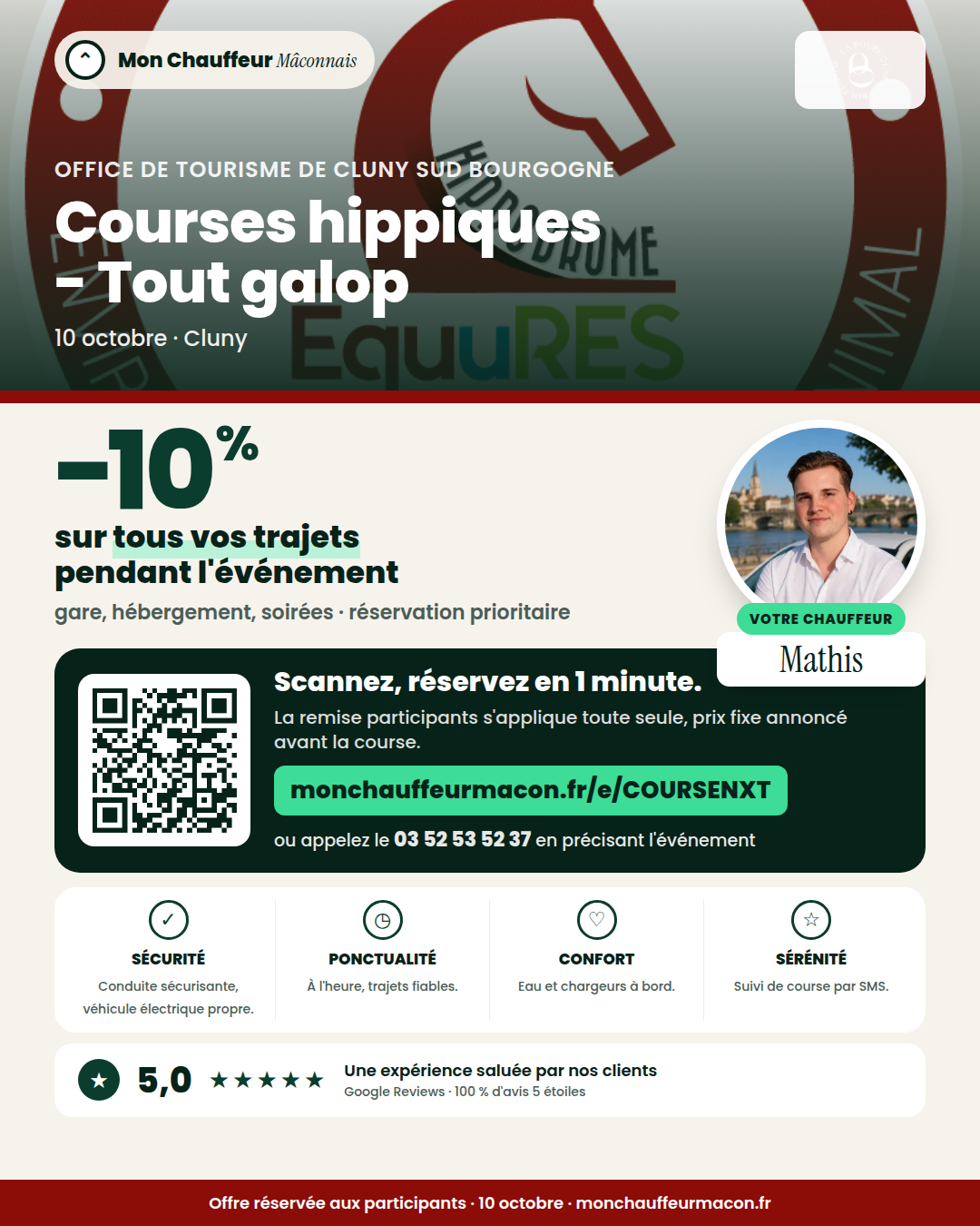 Offre participants Courses hippiques - Tout galop : −10 % avec Mon Chauffeur Mâconnais