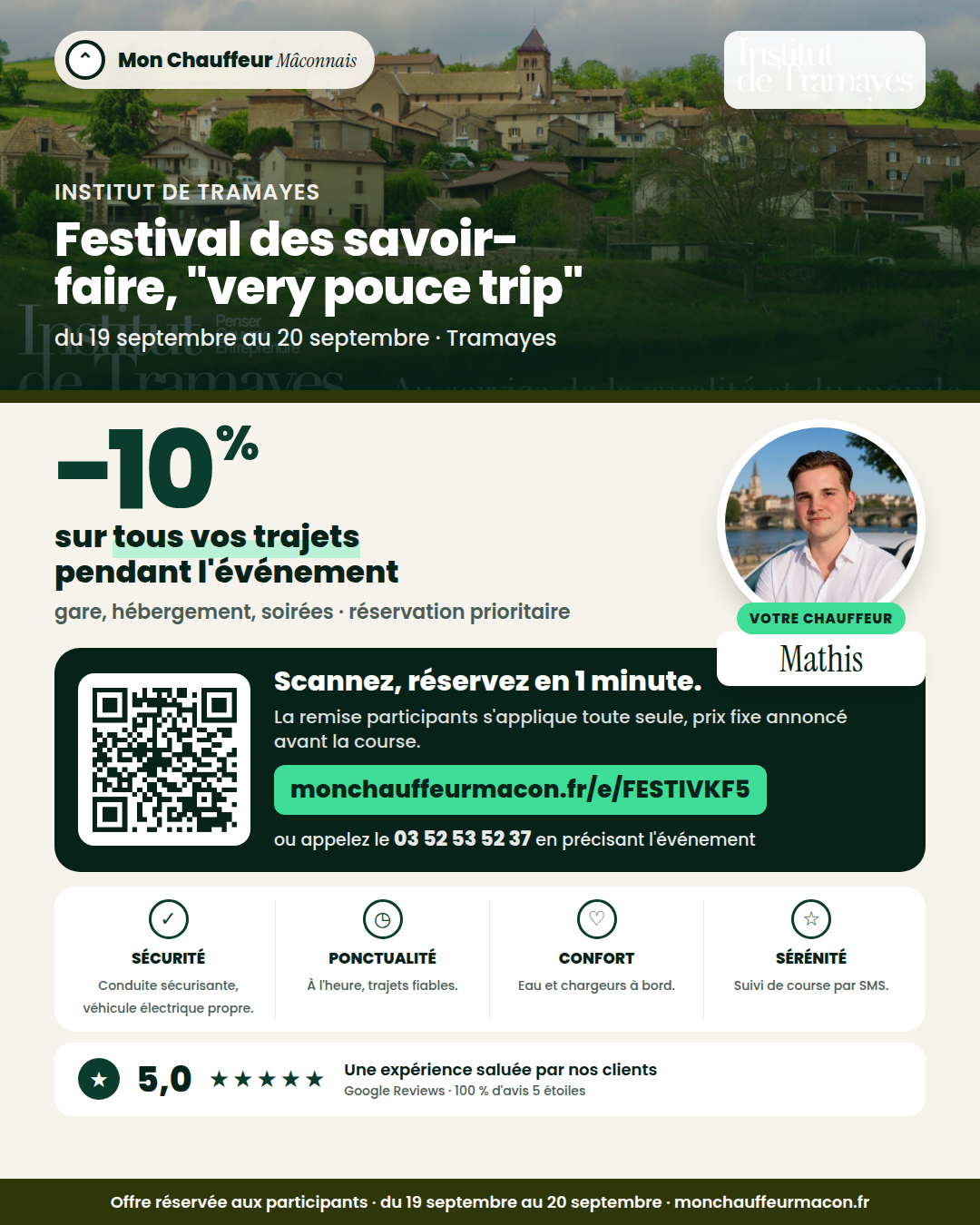 Offre participants Festival des savoir-faire, "very pouce trip" : −10 % avec Mon Chauffeur Mâconnais