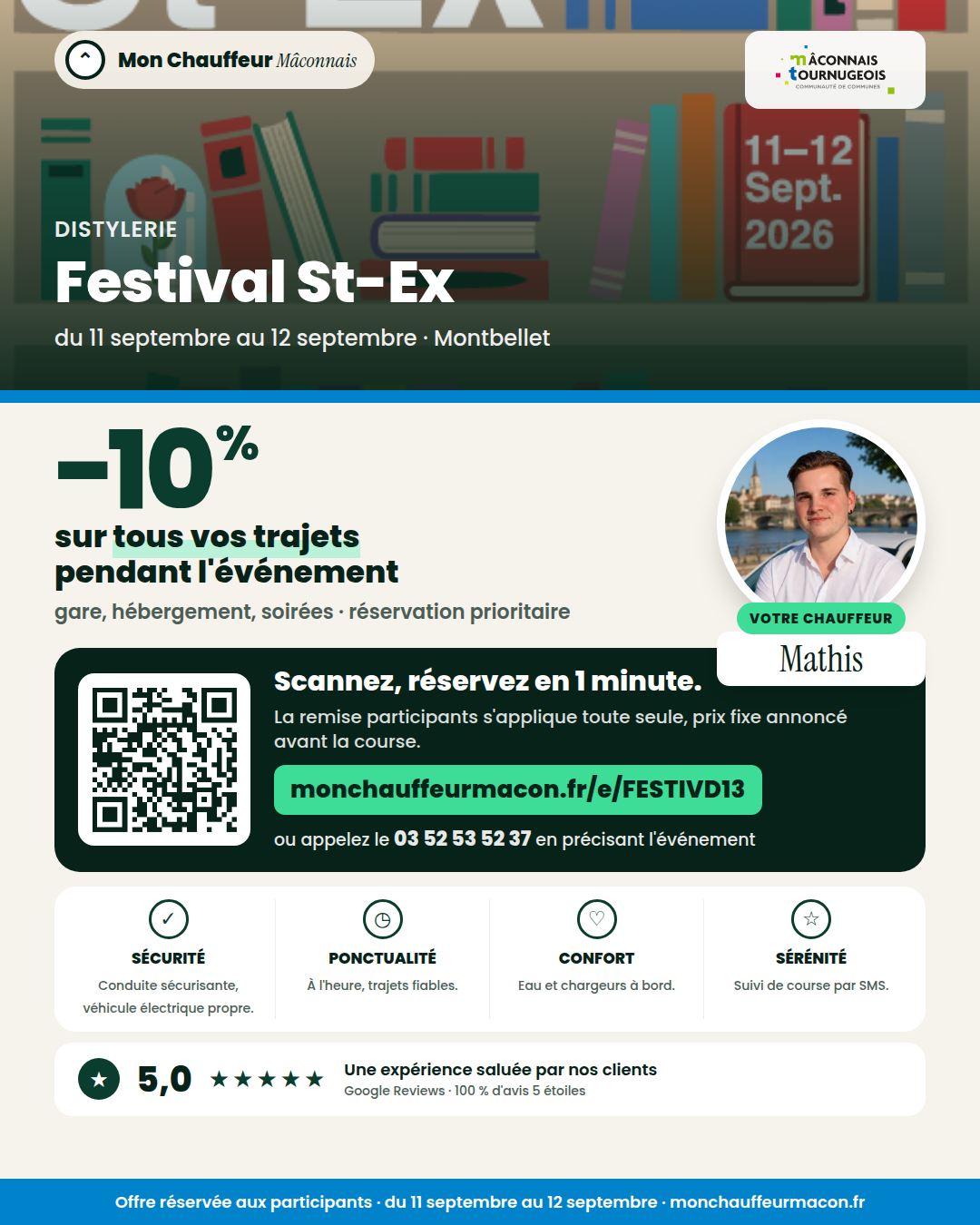 Offre participants Festival St-Ex : −10 % avec Mon Chauffeur Mâconnais