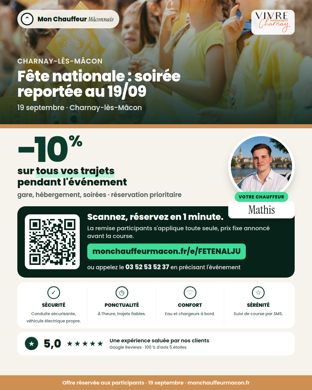 Offre participants Fête nationale  : soirée reportée au 19/09 : −10 % avec Mon Chauffeur Mâconnais