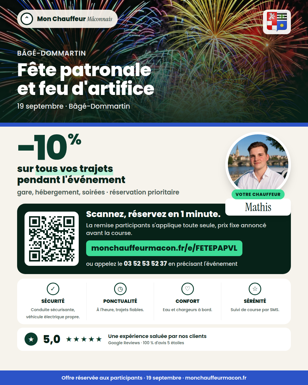 Offre participants Fête patronale et feu d'artifice : −10 % avec Mon Chauffeur Mâconnais