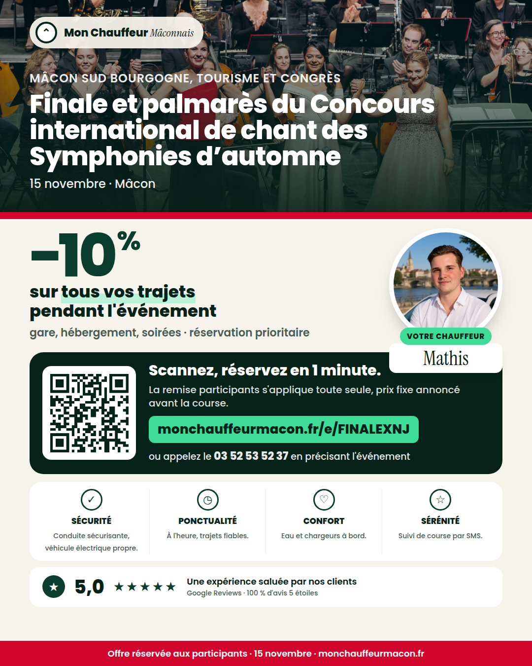 Offre participants Finale et palmarès du Concours international de chant des Symphonies d’automne : −10 % avec Mon Chauffeur Mâconnais