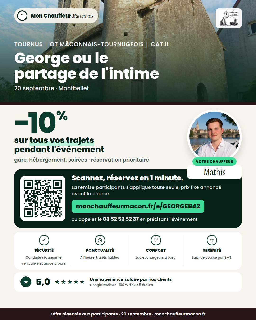 Offre participants George ou le partage de l'intime : −10 % avec Mon Chauffeur Mâconnais