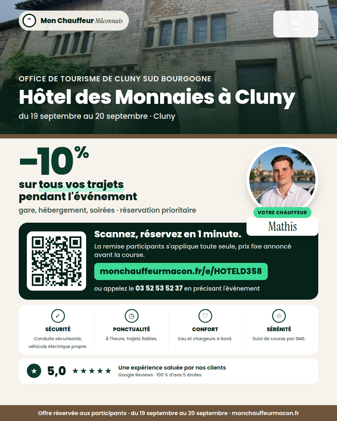 Offre participants Hôtel des Monnaies à Cluny : −10 % avec Mon Chauffeur Mâconnais