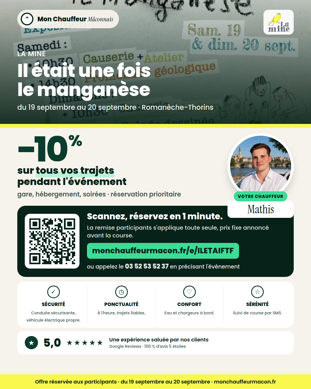 Offre participants Il était une fois le manganèse : −10 % avec Mon Chauffeur Mâconnais
