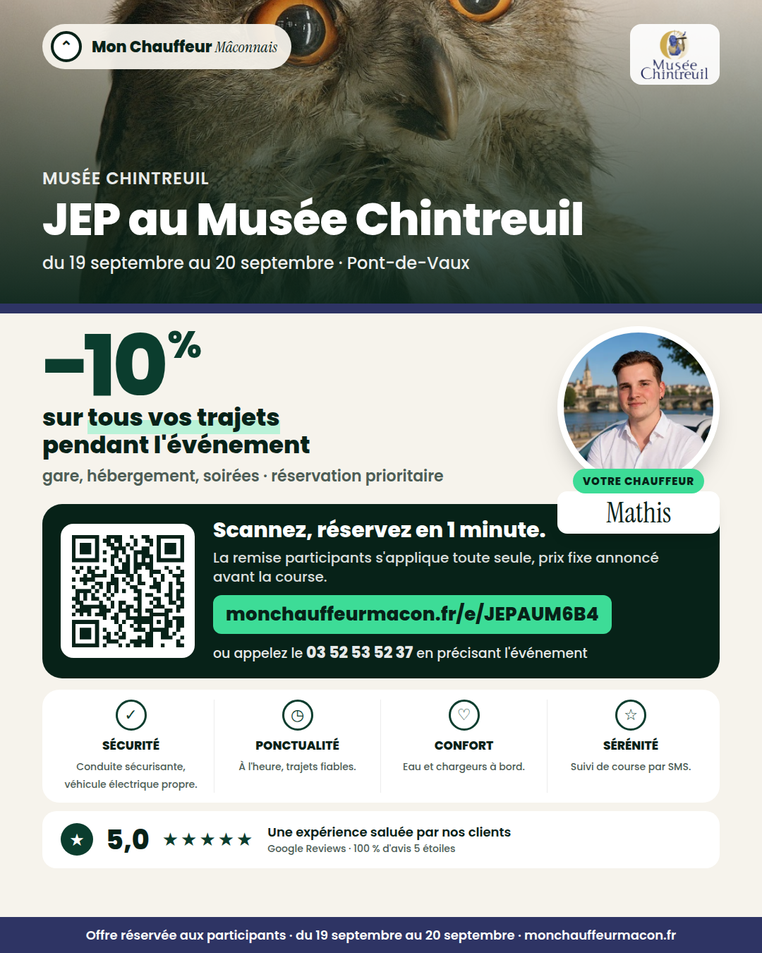 Offre participants JEP au Musée Chintreuil : −10 % avec Mon Chauffeur Mâconnais