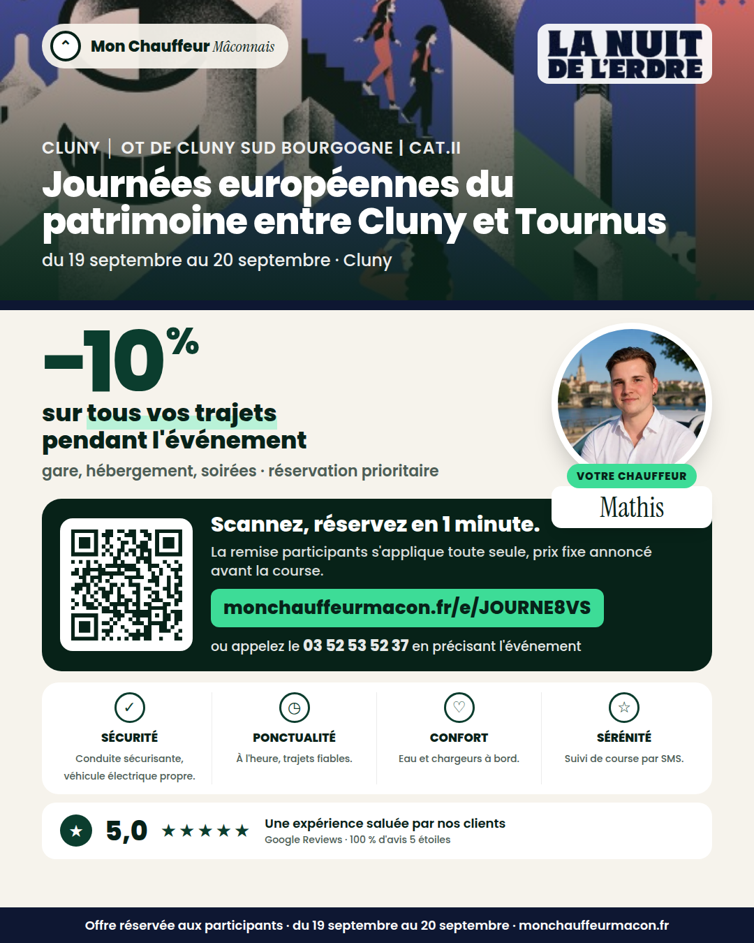 Offre participants Journées européennes du patrimoine entre Cluny et Tournus : −10 % avec Mon Chauffeur Mâconnais