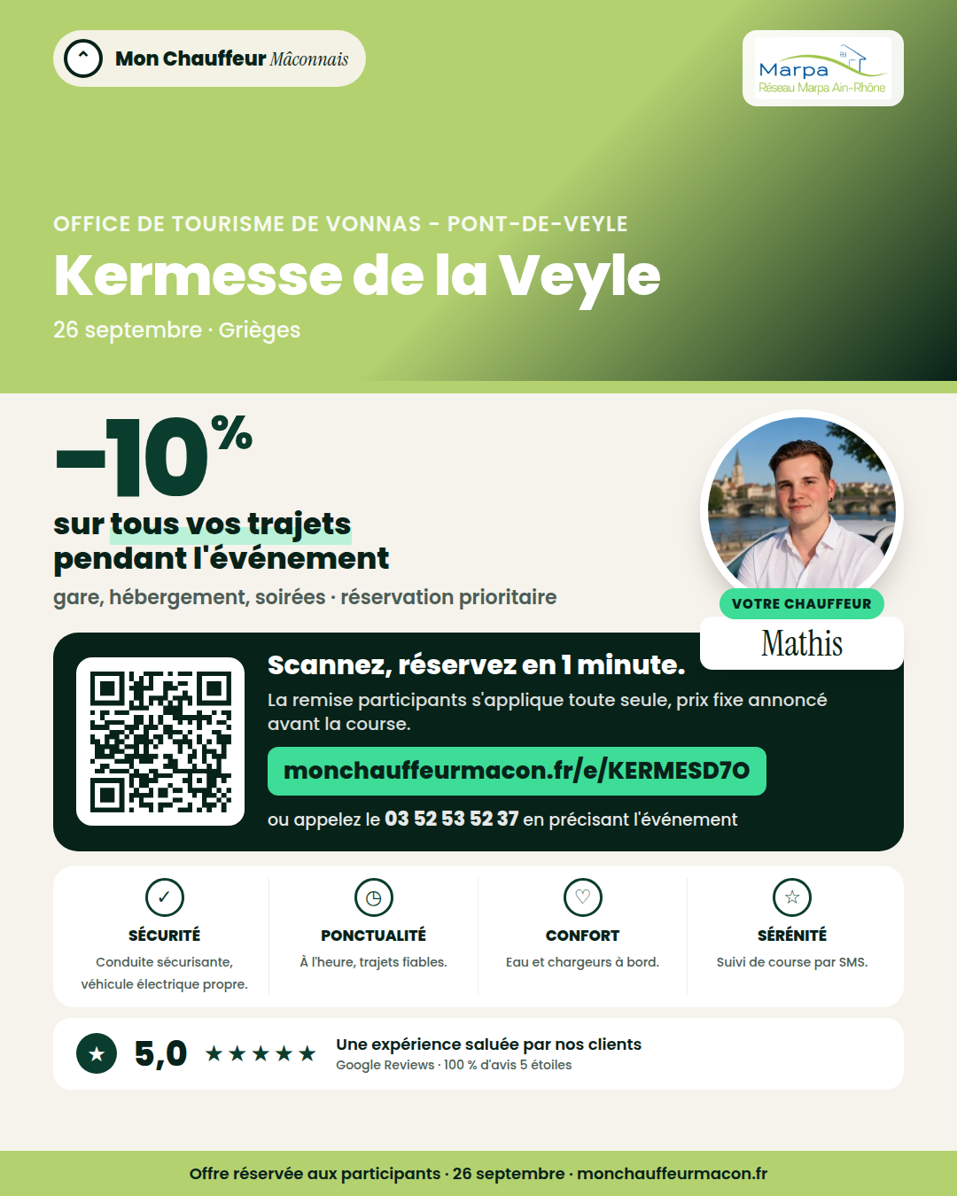 Offre participants Kermesse de la Veyle : −10 % avec Mon Chauffeur Mâconnais