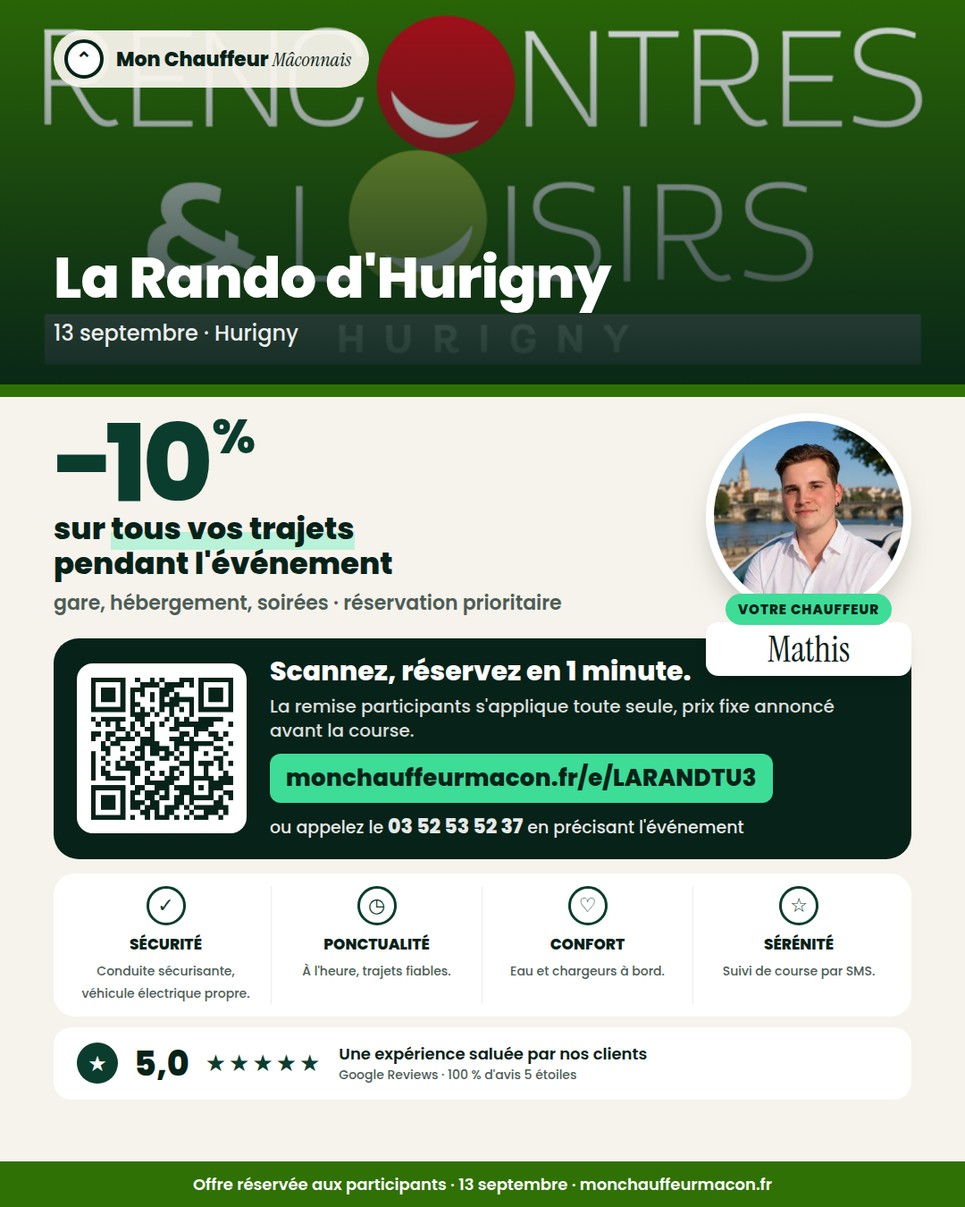 Offre participants La Rando d'Hurigny : −10 % avec Mon Chauffeur Mâconnais