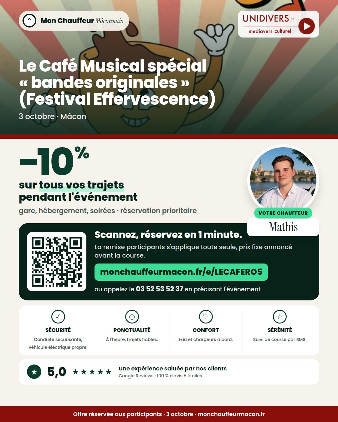 Offre participants Le Café Musical spécial « bandes originales » (Festival Effervescence) : −10 % avec Mon Chauffeur Mâconnais