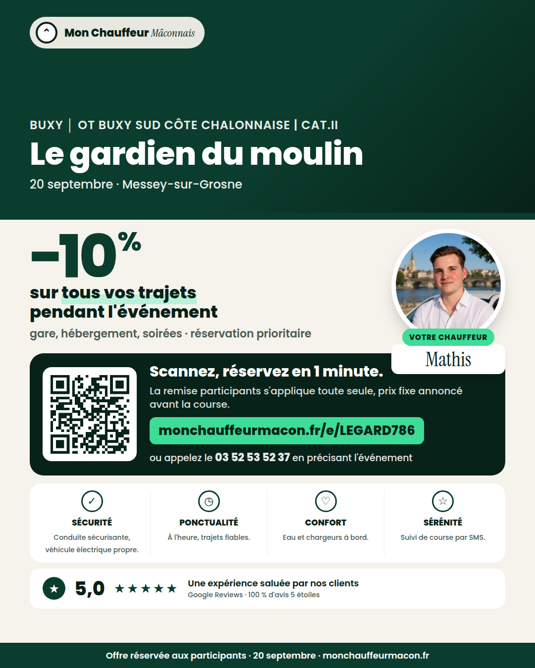 Offre participants Le gardien du moulin : −10 % avec Mon Chauffeur Mâconnais