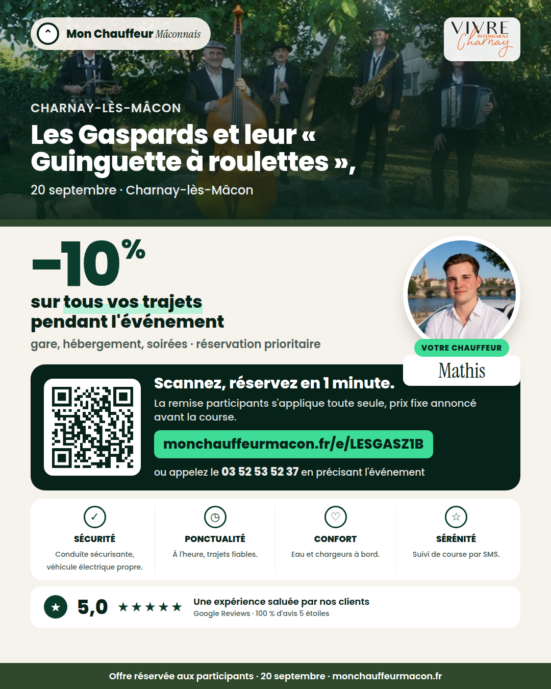 Offre participants Les Gaspards et leur « Guinguette à roulettes », : −10 % avec Mon Chauffeur Mâconnais