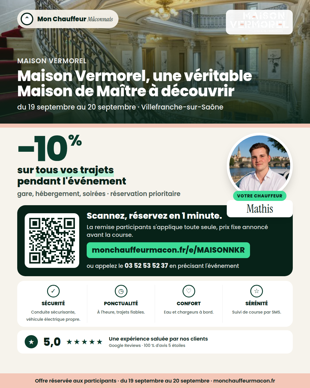 Offre participants Maison Vermorel, une véritable Maison de Maître à découvrir : −10 % avec Mon Chauffeur Mâconnais