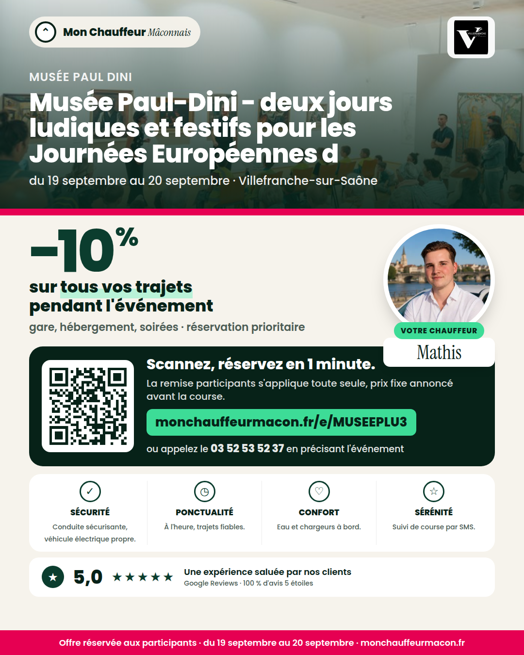 Offre participants Musée Paul-Dini - deux jours ludiques et festifs pour les Journées Européennes du Patrimoine : −10 % avec Mon Chauffeur Mâconnais