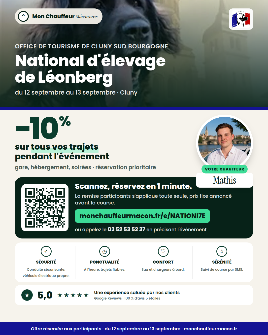 Offre participants National d'élevage de Léonberg : −10 % avec Mon Chauffeur Mâconnais