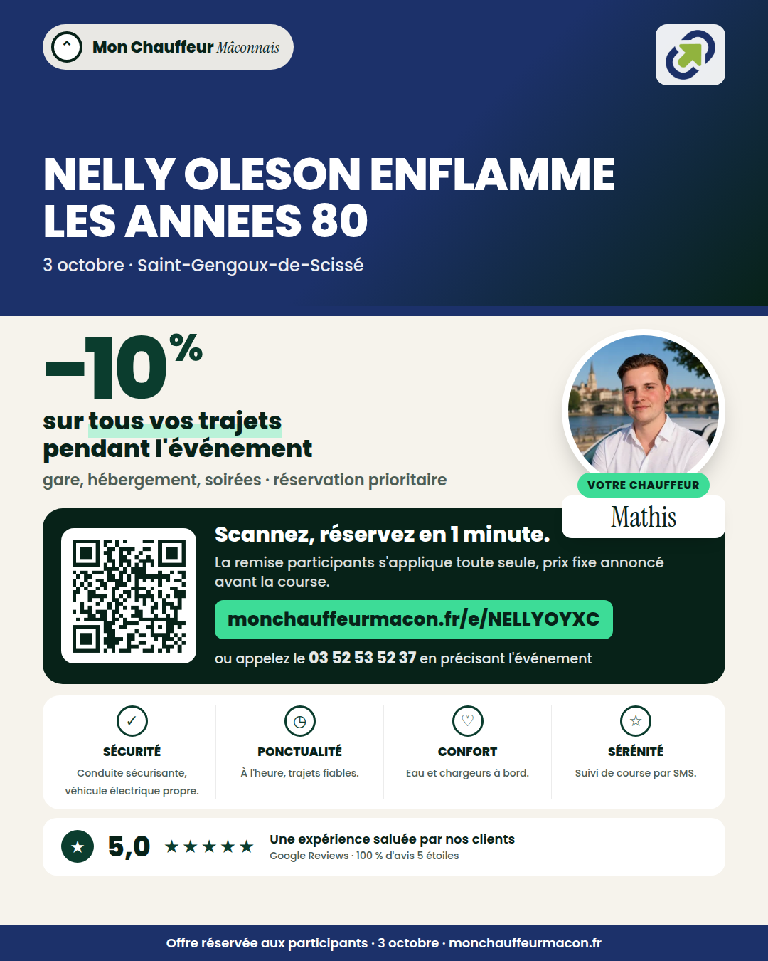 Offre participants NELLY OLESON ENFLAMME LES ANNEES 80 : −10 % avec Mon Chauffeur Mâconnais