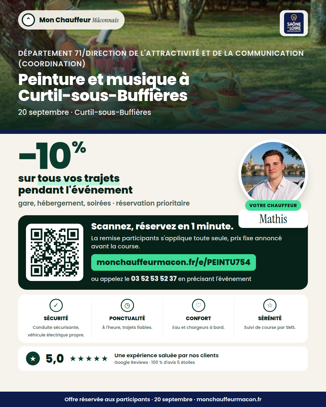 Offre participants Peinture et musique à Curtil-sous-Buffières : −10 % avec Mon Chauffeur Mâconnais