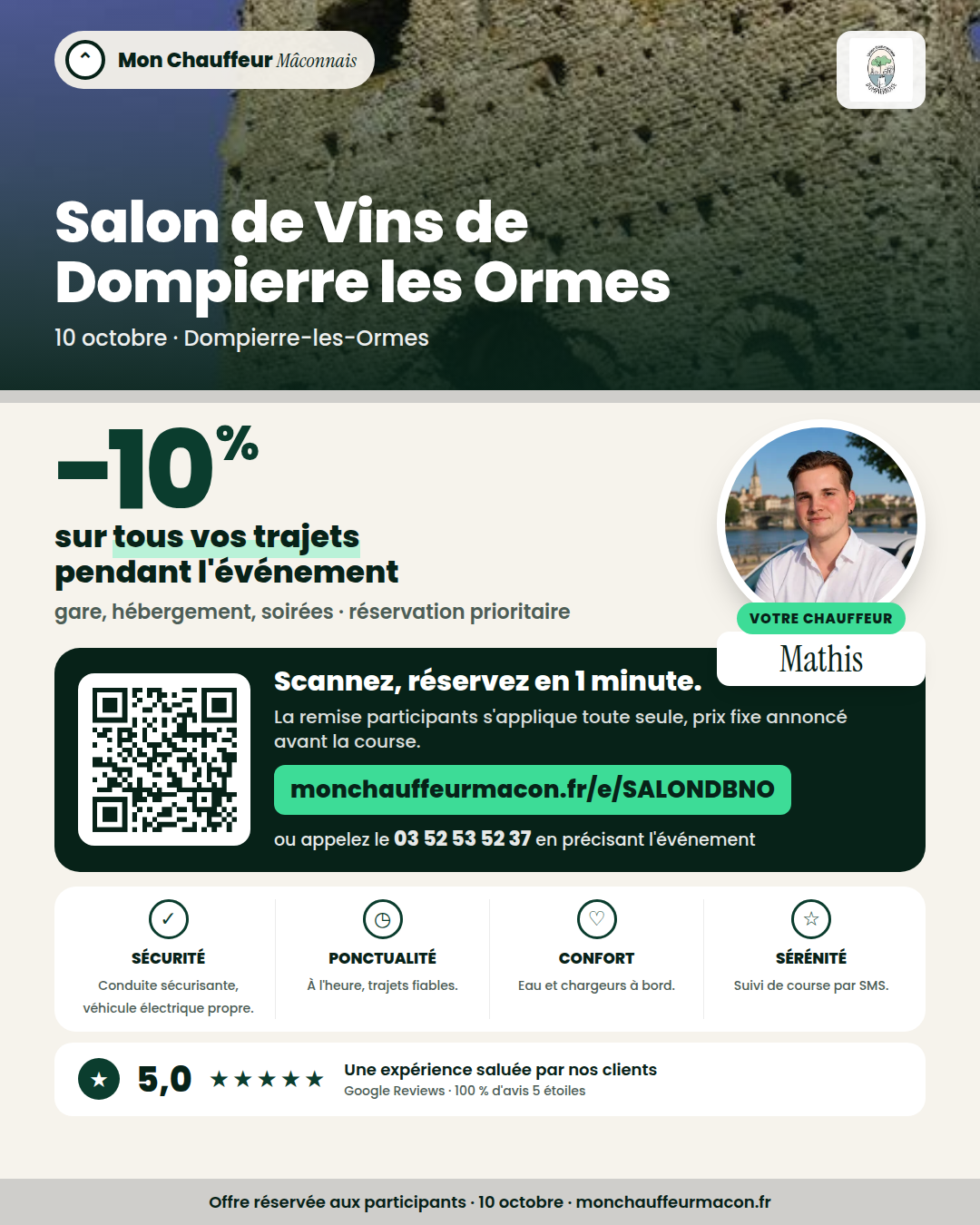 Offre participants Salon de Vins de Dompierre les Ormes : −10 % avec Mon Chauffeur Mâconnais