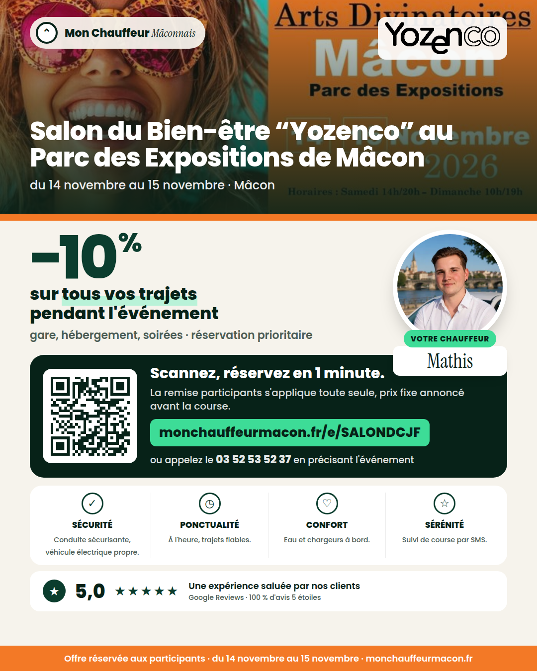 Offre participants Salon du Bien-être “Yozenco” au Parc des Expositions de Mâcon : −10 % avec Mon Chauffeur Mâconnais