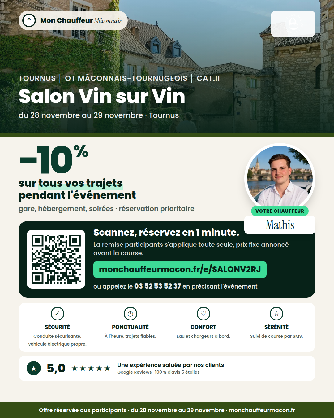 Offre participants Salon Vin sur Vin : −10 % avec Mon Chauffeur Mâconnais