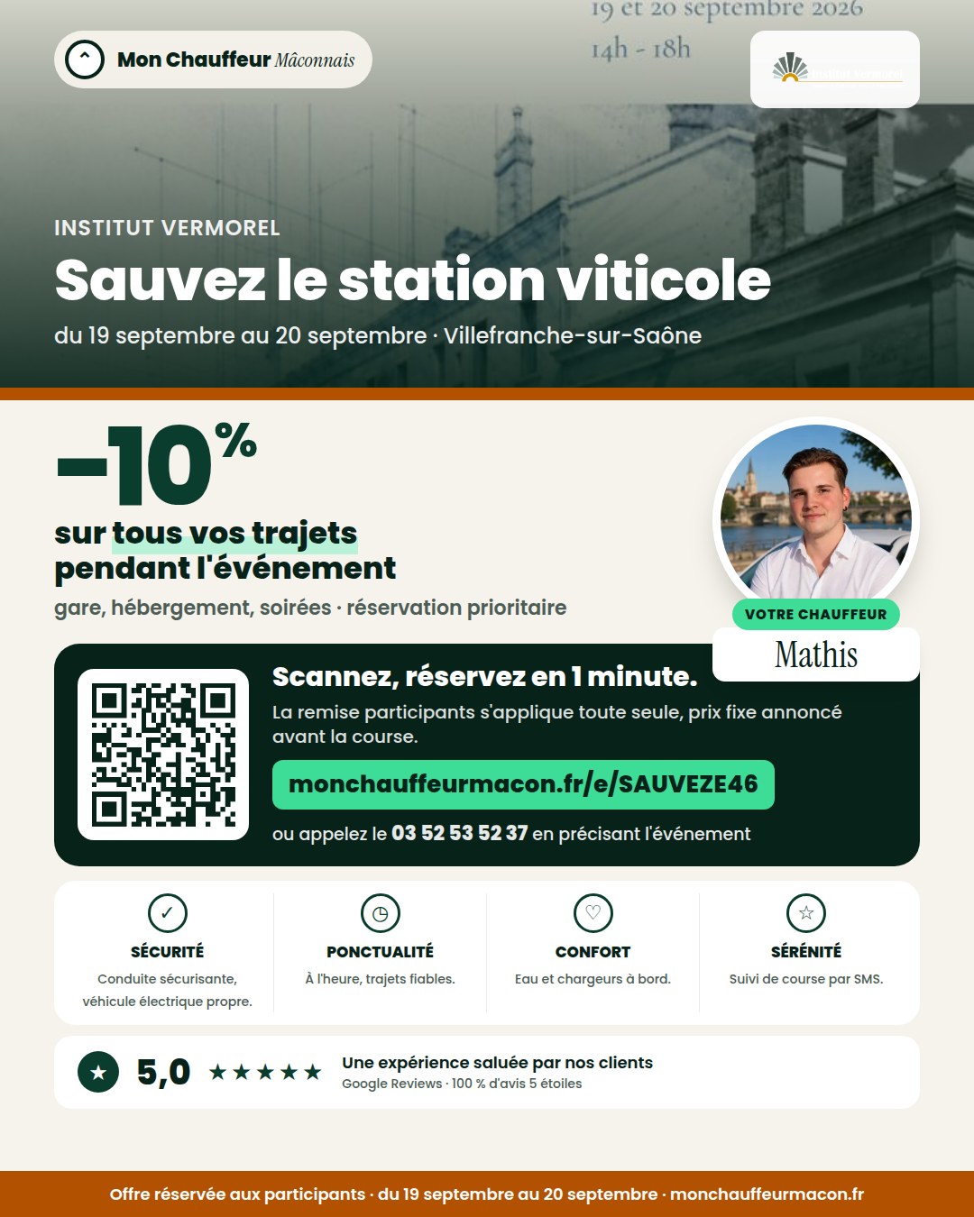 Offre participants Sauvez le station viticole : −10 % avec Mon Chauffeur Mâconnais