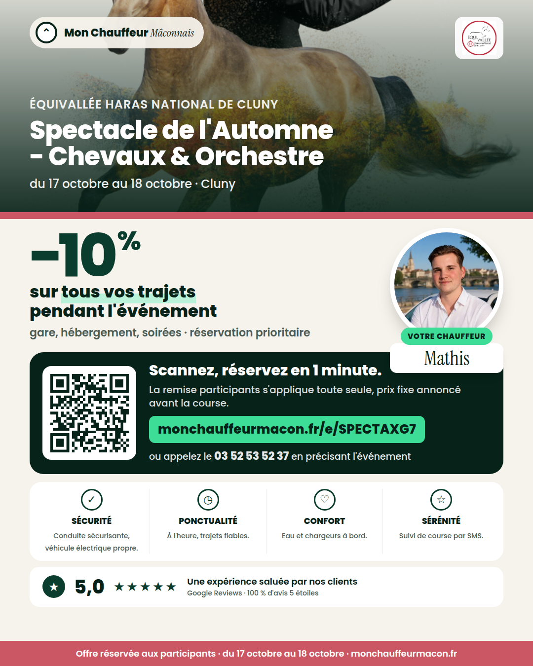 Offre participants Spectacle de l'Automne - Chevaux & Orchestre : −10 % avec Mon Chauffeur Mâconnais
