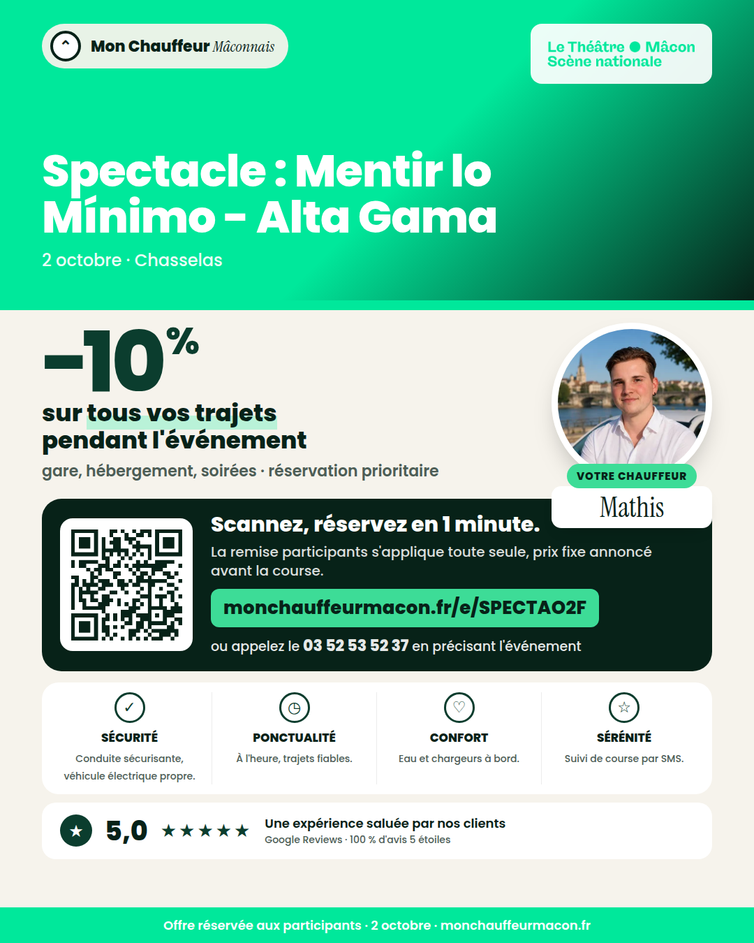 Offre participants Spectacle : Mentir lo Mínimo - Alta Gama : −10 % avec Mon Chauffeur Mâconnais