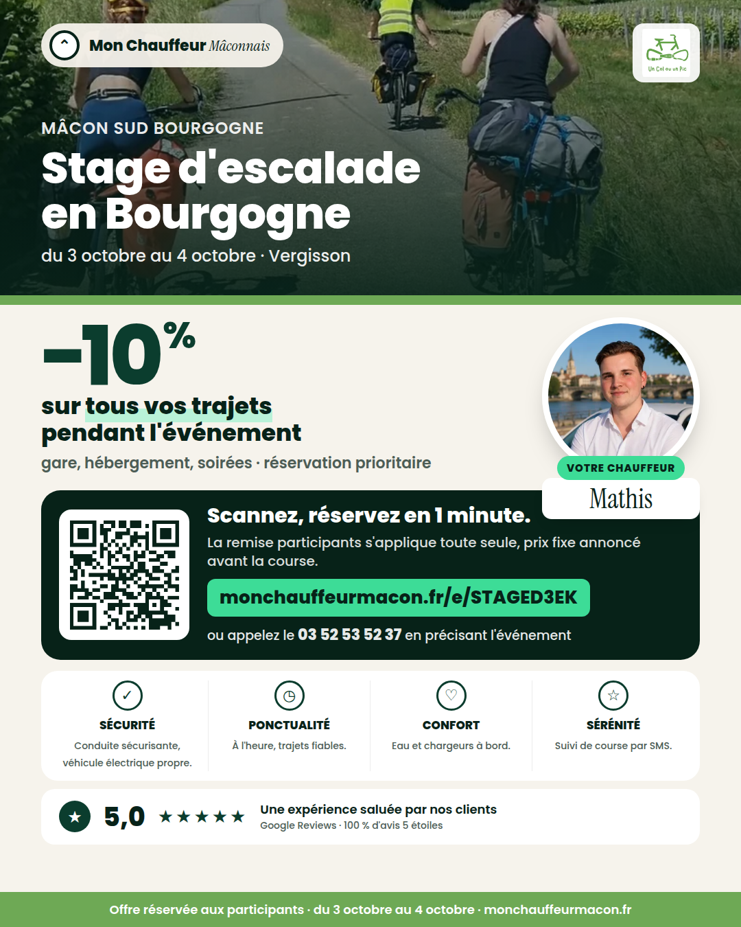 Offre participants Stage d'escalade en Bourgogne : −10 % avec Mon Chauffeur Mâconnais