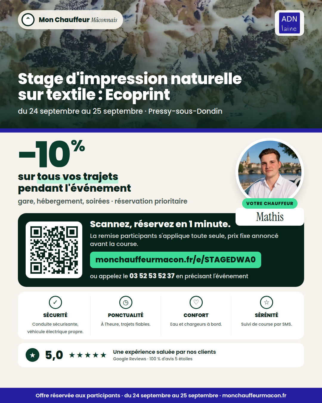 Offre participants Stage d'impression naturelle sur textile : Ecoprint : −10 % avec Mon Chauffeur Mâconnais
