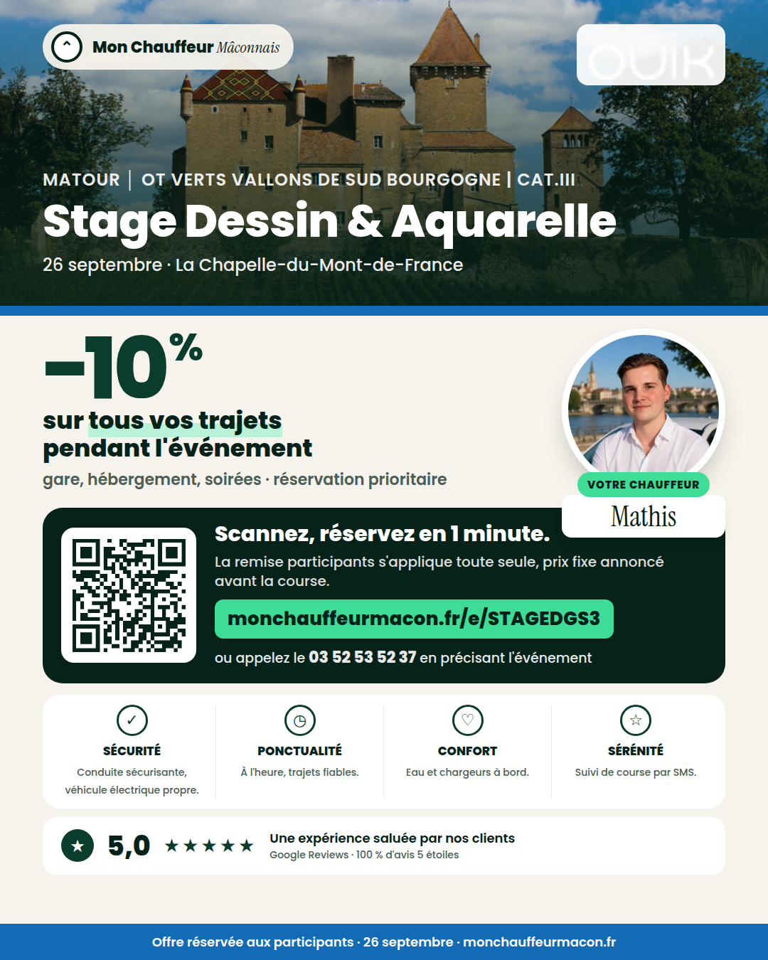 Offre participants Stage Dessin & Aquarelle : −10 % avec Mon Chauffeur Mâconnais