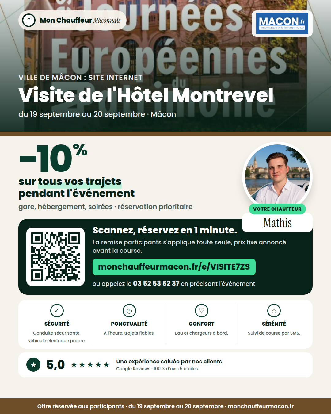 Offre participants Visite de l'Hôtel Montrevel : −10 % avec Mon Chauffeur Mâconnais