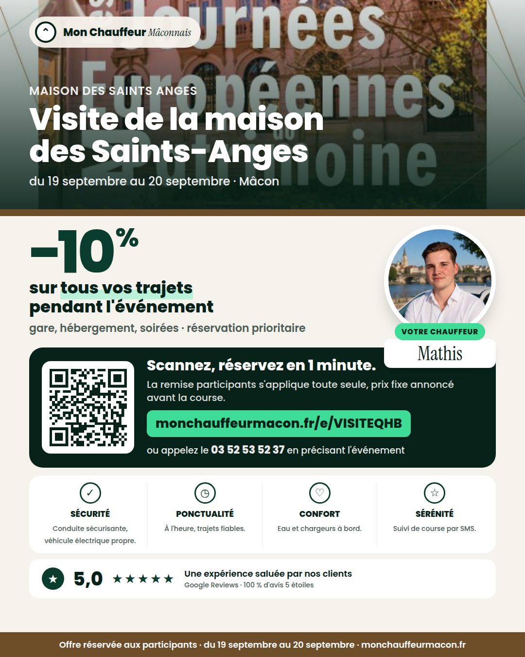 Offre participants Visite de la maison des Saints-Anges : −10 % avec Mon Chauffeur Mâconnais