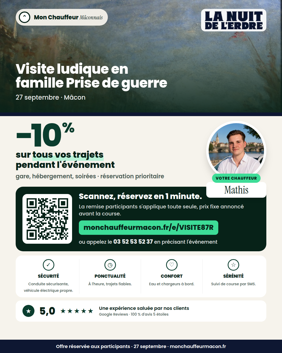 Offre participants Visite ludique en famille Prise de guerre : −10 % avec Mon Chauffeur Mâconnais